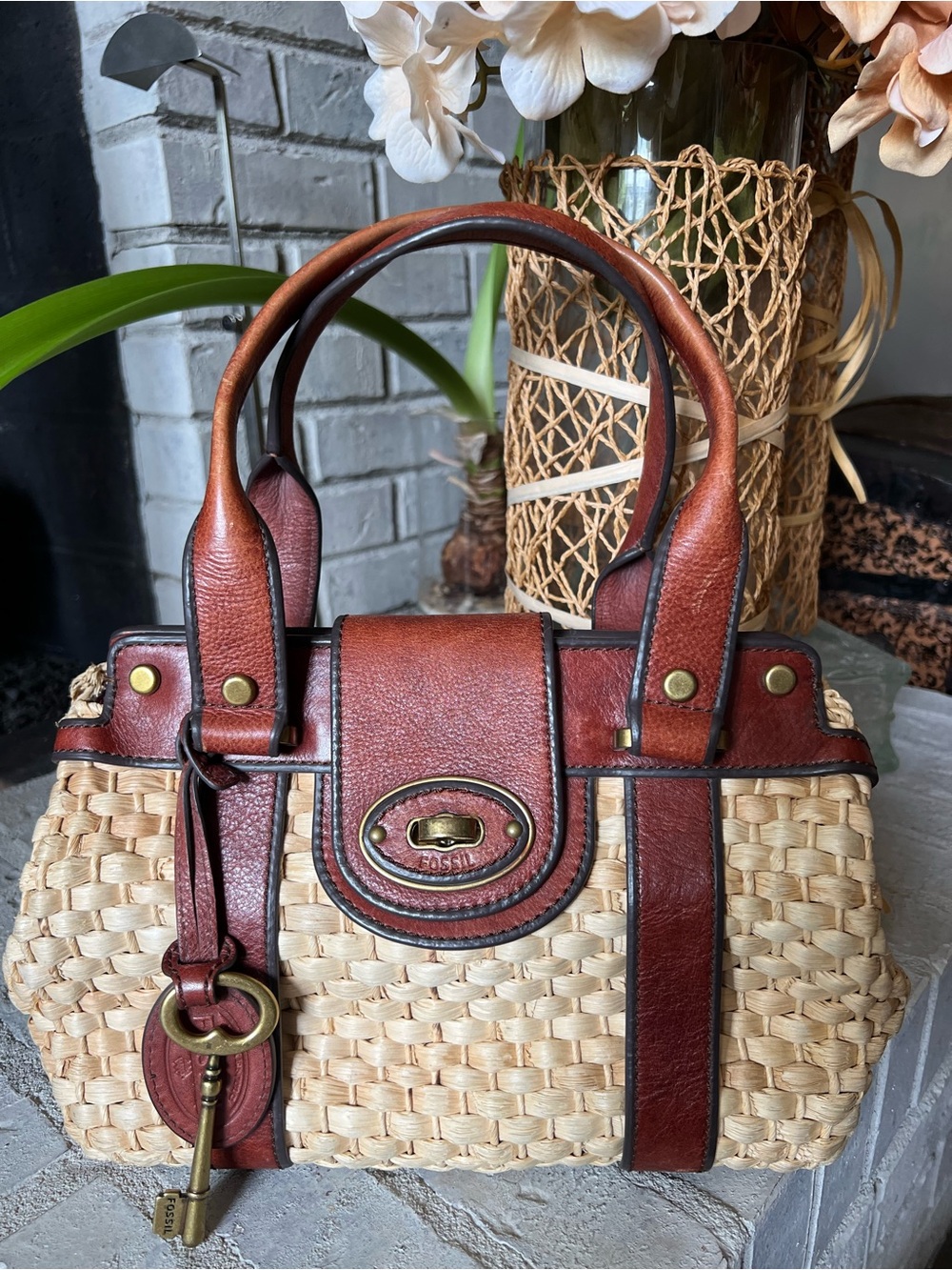 Fossil RARE Vintage Reissue Straw Basketweave Leather Satchel Bag